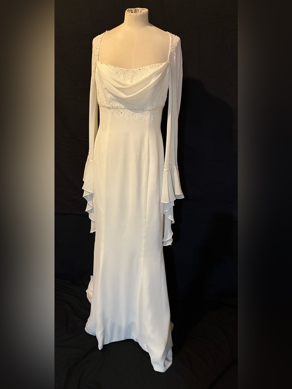 Ivory Long-Sleeve Evening Dress with Draped Neckline